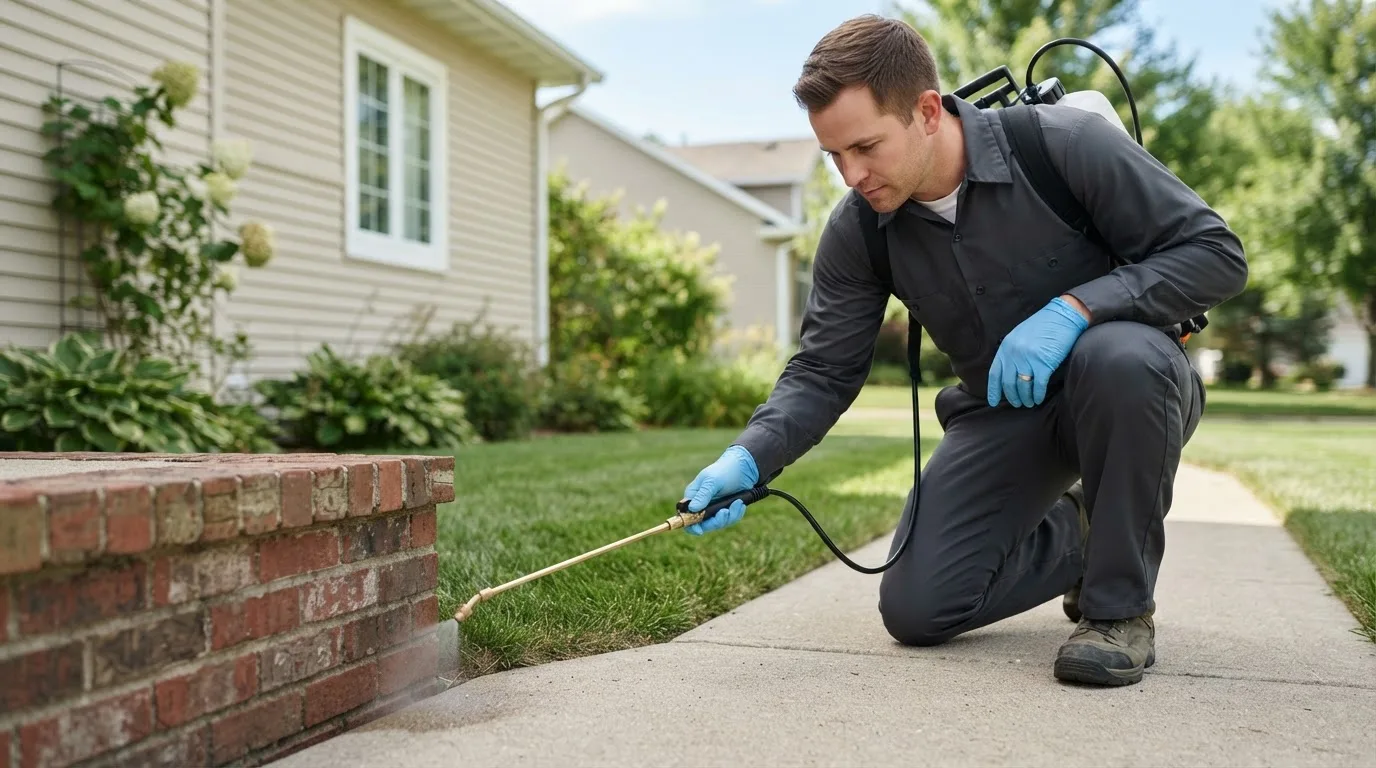Pest control technician treating a home near Inwood, IA